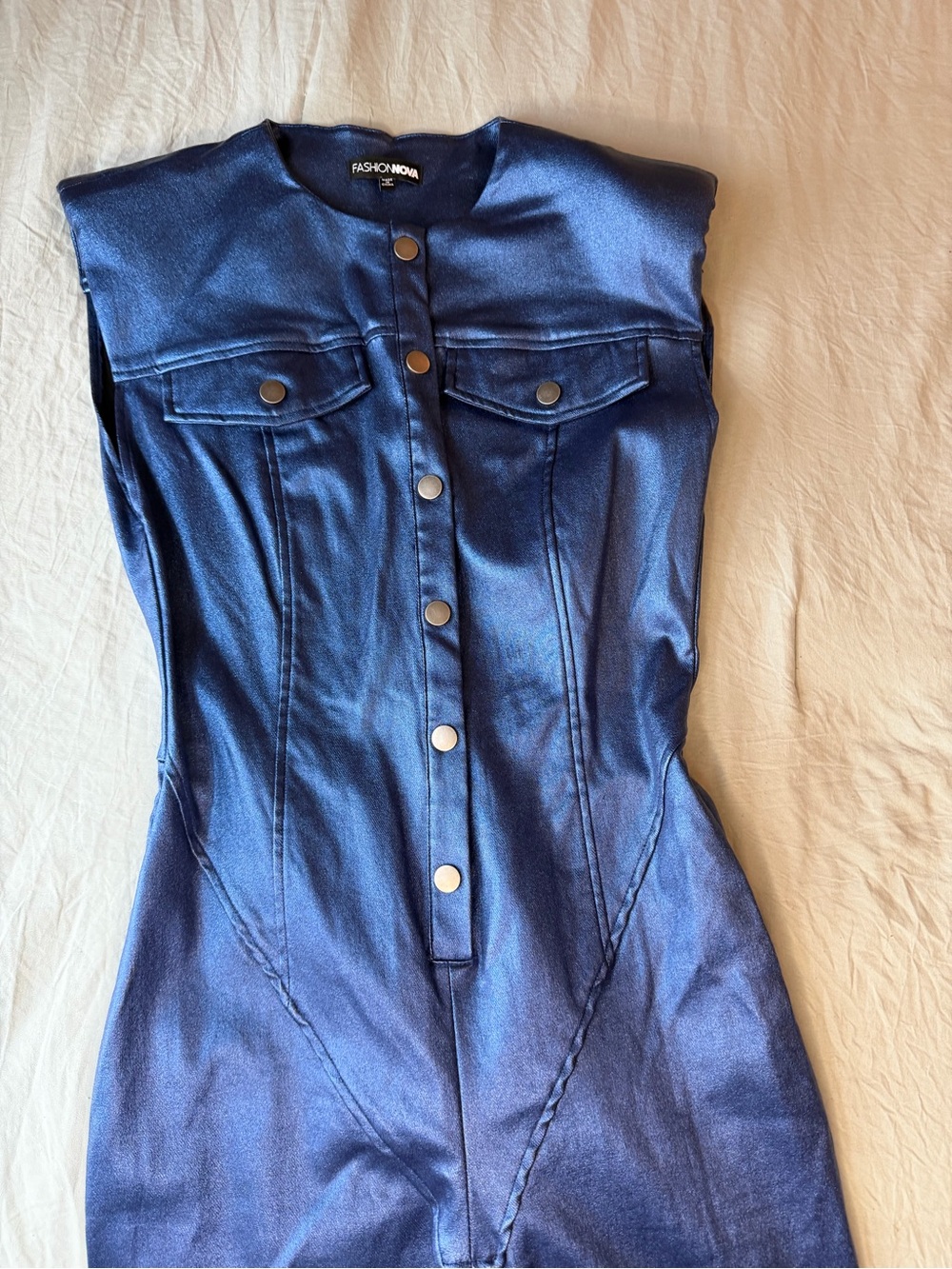 Fashion Nova Metallic Navy Blue Sleeveless Jumpsuit - Picture 2 of 8